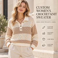 Pull ample en tricot crocheté rayé à col polo ajouré pour femme, idéal printemps-automne