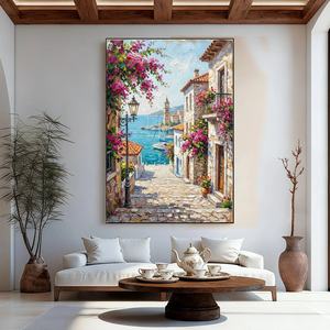 Pintura al Óleo Realista de Callejón Mediterráneo, Paisaje Costero Original, Lienzo Hecho a Mano con Flores - Product Image 3