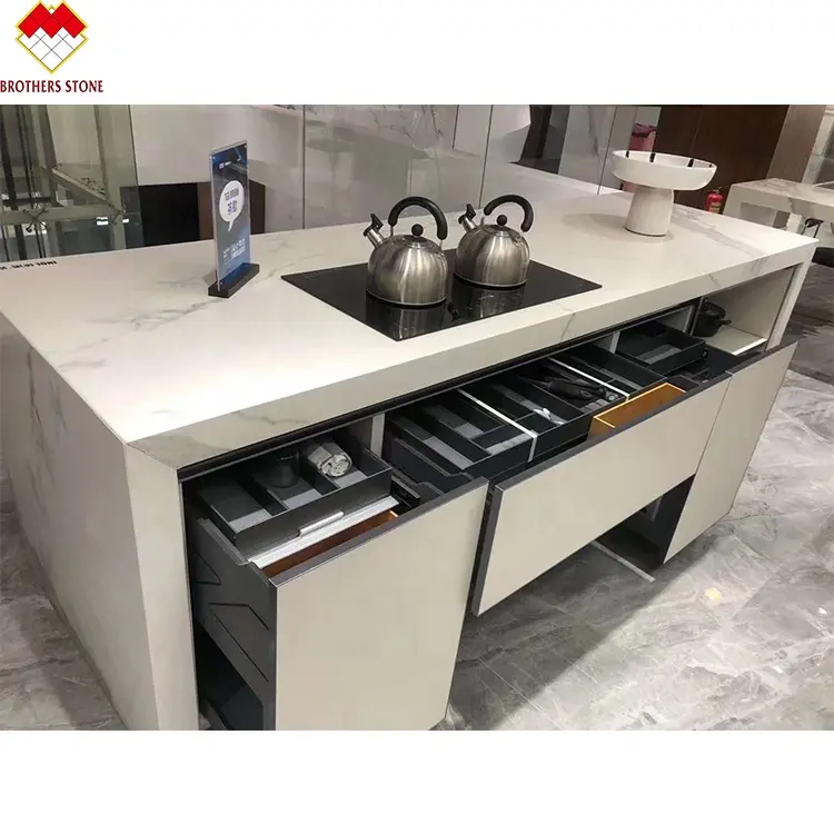 Hot Sale Customized Prefab White Marble Countertop Matching Kitchen Sintered Stone Cabinets