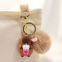 Nouvelle poupée capybara en peluche avec pompon, porte-clés en caoutchouc PVC 3D, mini porte-clés pour sac de voiture, boule de poils, chaîne de pendentif, cadeau, porte-clés