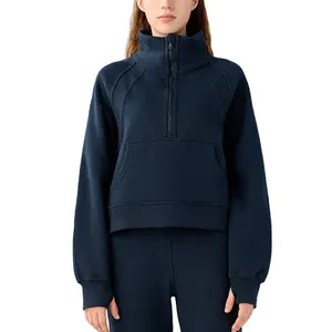 Women Long Sleeve Crop Top Hoodie Half Zip Workout Fitness Warmed Fleece Thickened Clothing Gym Sweatshirt With Kangaroo Pocket