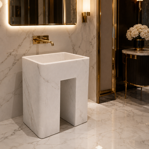 Poulars En gros Lavabo sur pied de luxe moderne en pierre naturelle et marbre veiné blanc pour salle de bain - Product Image 4