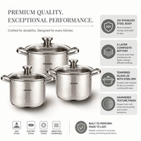 Marmite à soupe martelée en acier inoxydable 201, ensemble de six pièces avec couvercle en verre, compatible gaz et induction, sans revêtement