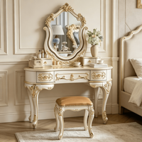 Ensemble de coiffeuse sculptée en or champagne, table de maquillage antique pour villa, chambre d'hôtes, projet hôtelier, vente en gros sur mesure
