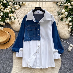 Atasan Denim Wanita Gaya Korea Baru Asimetris, Blus Wanita Model Sambung Berkerah, Kemeja Fashion - Product Image 2