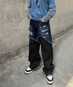 Pantalon en jean superposé 2-en-1 pour homme 2026, déchiré et vieilli, coupe large, noir, style Y2K Streetwear, direct usine - Product Image 2