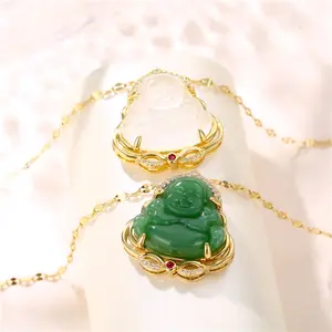 Natural Green White Carnelian Jade Laughing Buddhas Agate Buddha Charm Jade Pendant Jewelry Necklace Pendant