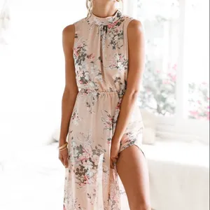 Printed Sleeveless Split Backless Casual Floral Dress Manufacturer Lace-Up Holiday Chiffon Maxi Dress Ladies