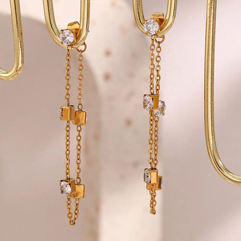 Chic geométrico cristal circón cadena pendientes Acero inoxidable chapado en oro pendientes colgantes joyería de las señoras