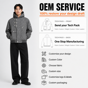 XINHUI Custom Heavy <b>Denim</b> Hooded Toggle-Closure <b>Men's</b> Bomber <b>Jacket</b> Utility Streetwear Urban Outerwear OEM ODM Wholesale - Product Image 2