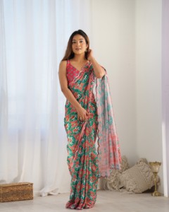 Traditional Printed <b>Red</b> Green <b>Saree</b> For Women Casual Wear Regular Fit Floor Length Indian Pakistani Clothing Heavy Chinnon <b>Saree</b> - Product Image 1