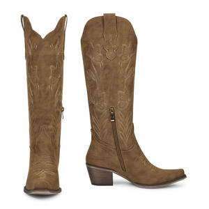 WETKISS toptan 2026 meksika kadın Cowgirl çizmeler blok topuk diz yüksek çizmeler Snip ayak kelebek nakış kovboy çizmeler - Product Image 5