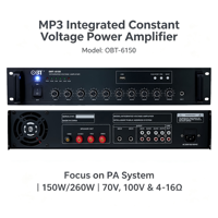Amplificateur de sonorisation OBT-6150 150W 19 pouces en rack, réglage des aigus et des basses, sortie 4-16 ohms pour centre commercial