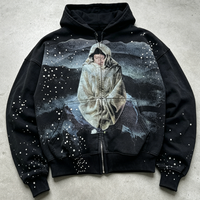 Hoodie Kasual Katun Custom Print dengan Desain Berhias Rhinestone, Resleting Ganda, Bernapas & Tahan Angin, Unisex