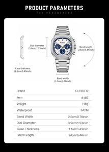 Montre Chronographe Homme Curren 8459 à Quartz, Design Unique, Cadran Carré Vintage, Bracelet en Alliage d'Acier Inoxydable 20mm, Tendance Décontractée - Product Image 6