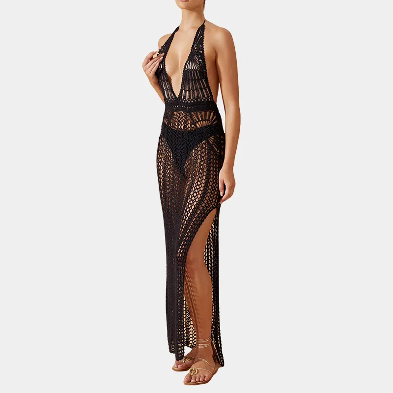 Soft Luxe Mesh Lined Cups Halter String Tie Plunging Neckline Open Back Side Slits Maxi Length Crochet Beach Dresses