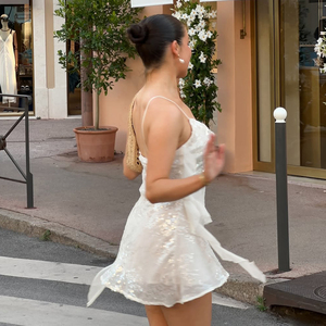 Vestido Elegante Diario para Mujer, Tejido, Ecológico, Natural, Cintura Alta, Escote Profundo en V, Hombros Descubiertos, Encaje, Dobladillo con Volantes, Dobladillo Asimétrico, Mini - Product Image 3