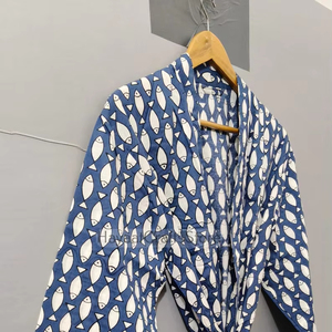 Bata Kimono de Algodón 100% para Mujer con Estampado de Bloques y Peces, Estilo Boho, Ideal para Festivales y Descanso - Product Image 6