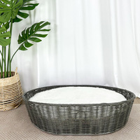 Panier pour animaux de compagnie en rotin PE tressé à la main, imperméable, rond, pour chat et chien, avec coussin en peluche