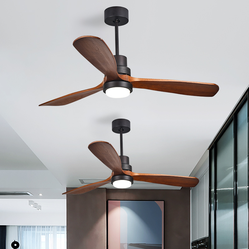 OEM ODM 52 Inch Fans Lamp Metal 3 Solid Wooden Blade Led Remote Control Nordic Modern LED Ceiling Fan With Light