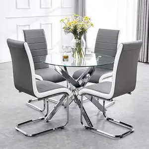 Black White Grey Glass Round table set Top And Metal Leg Cheap dinning restaurant modern 4 chairs kitchen dining table set
