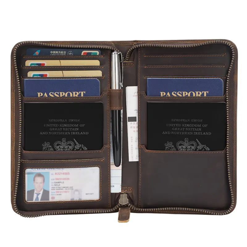 TIIDNG Custom Logo Vintage RFID Blocking Men Travel Zipper Genuine Cowhide Leather Passport Holder Cover Wallet With Pen Slot