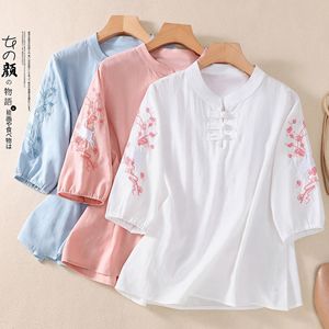 Traditional Chinese Cotton Linen Top With Embroidery Frog Buttons Women's Summer Short Sleeve White Lotus Root Sky Blue - Product Image 1
