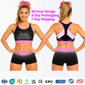 Uniforme de Porristas Personalizado con Estampado por Transferencia Térmica, Spandex/Algodón, 220g, Fusión sin Costuras, Pedrería Rosa, Ropa de Práctica All Star, OEM - Product Image 4