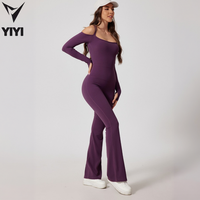 Combinaison de sport élégante pour femme à double bretelle et manches longues, épaules dénudées, pour la gym, le yoga et l'entraînement, tenue de sport une pièce