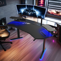 Table de jeu moderne avec éclairage LED RGB de 180 cm, surface en carbone, porte-gobelet, bureau de jeu pour ordinateur PC confortable, matériau métallique