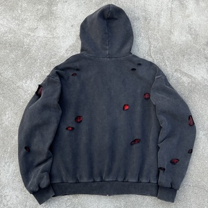 Sun Faded Thick Drop Shoulder Hole <b>Hoodie</b> Checkered Heavyweight Oversized <b>Hoodie</b> Acid Wash Distressed Reversible <b>Zip</b> <b>Up</b> <b>Hoodie</b> - Product Image 2