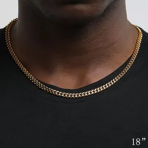 High Quality Mirror Polish Finish18K Gold 5mm Flat Cuban Link Chain Necklace Men Essential Jewelry