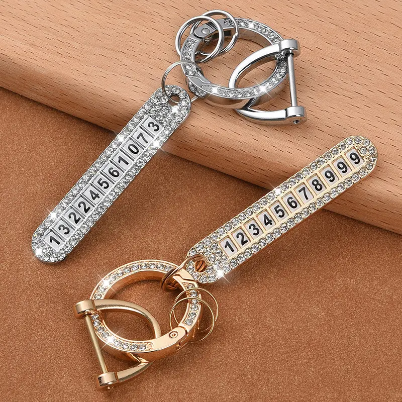 Luxury alloy women phone number metal key chains ring decoration crystal car key chain