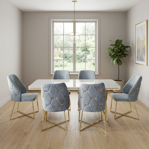 Ensemble de salle à manger moderne convertible en velours, 6 pièces, table avec plateau en marbre et chaises à dossier plein avec cadre doré, pour appartement - Product Image 2