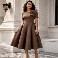 Gaun Lipit Chic Pleats 2026 Wanita dengan Hiasan Bunga 3D, Gaun Midi A-Line untuk Pesta, Gaun Ulang Tahun Wanita, Gaun Lipit Miyake