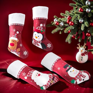 Chaussettes de Noël personnalisées en peluche bordeaux avec bordure brodée pour décoration de cheminée - Product Image 2