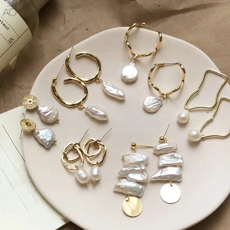 Nova Youthway Instagram Simples irregular barroco real banhado a ouro brincos de pérolas de água doce