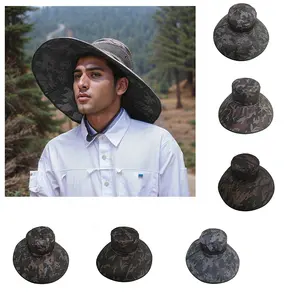 2024 New Rộng Brim Câu Cá Boonie Xô Hat Ngụy Trang Lưới Polyester Mặt Trời Bảo Vệ Gấp Ngư Dân Mũ Với Chuỗi Số Lượng Lớn