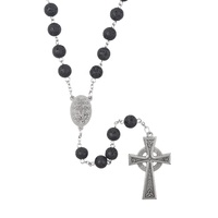 Chapelet catholique en pierre de lave noire avec médaille de la Vierge Marie et croix celtique de Jésus, bijoux de prière religieux