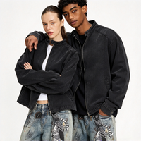 Veste en jean noire surdimensionnée personnalisée, unisexe, col montant, fermeture éclair intégrale, style streetwear décontracté, vintage, veste en jean pour homme, OEM TKAN1031