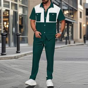 2025 nuevo conjunto de <span class=keywords><strong>chándal</strong></span> para <span class=keywords><strong>hombre</strong></span> moda de verano estilo callejero Waffle Block Color bolsillo camisa pantalones conjunto de dos piezas - Product Image 5