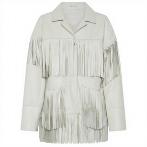 White <b>Fringed</b> Safari <b>Jacket</b> Cow <b>Suede</b> Turn-down Collar Full Sleeve Autumn Style Single Button Regular Length - Product Image 1