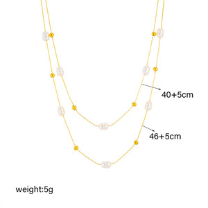 Collier pour femme en acier titane double couche avec chaîne à maillons de perles rondes plaquées or 18 carats - Product Image 2