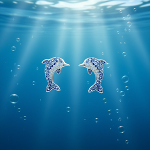 Boucles d'oreilles clous en cristal dauphin bleues et argentées pour femme, motif animal mignon, micro-incrustation, bijoux à porter au quotidien - Product Image 2