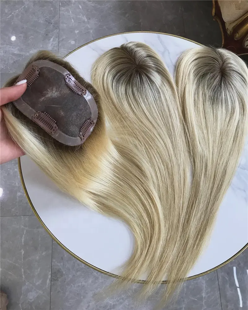 100% European Silk Base Remy Human Hair Highlight Blonde Full Ends Weft Silk Base Human Hair Toupee