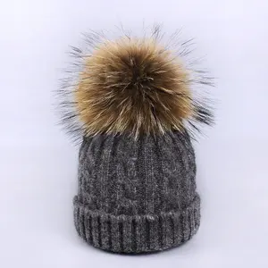 2024 Winter warm knitted striped caps kids real fur balls pom pom hat beanies for baby boys girls pompom hat