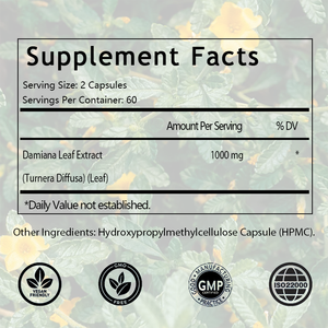 สารสกัดจากใบดาเมียนา OEM/ODM ขายดี, 1000 มก. 120 แคปซูล, สมุนไพรดาเมียนา, ช่วยเสริมสุขภาพ, พลังงาน, ความมีชีวิตชีวา และภูมิคุ้มกัน - Product Image 2