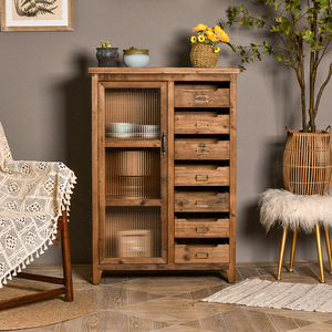 Modern Solid Wood Multi-Drawer Living Room Storage <b>Sideboard</b> Cabinet with <b>Glass</b> Doors Home Bar - Product Image 3