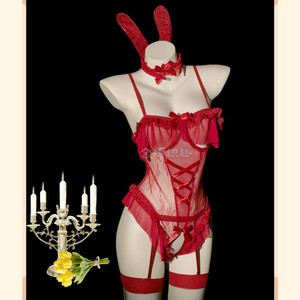 Conjunto de lencería divertida con aros y efecto push-up, estilo conejita, con tanga negra, disfraz de juego de roles para mujer, de poliéster de tiro bajo. - Product Image 4