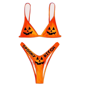 Ensemble de bikinis deux pièces triangulaires à taille haute pour femme, personnalisé par usine ODM, avec imprimé citrouille et chauve-souris, respirant, pour fêtes et festivals - Product Image 1